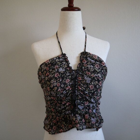 Forever21 Black Floral Halter Neck Cropped Blouse Size Small - Picture 1 of 5